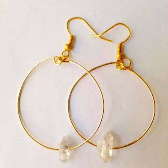 Clear quartz point hoop earrings 1.5”, gold tone - Picture 1 of 3